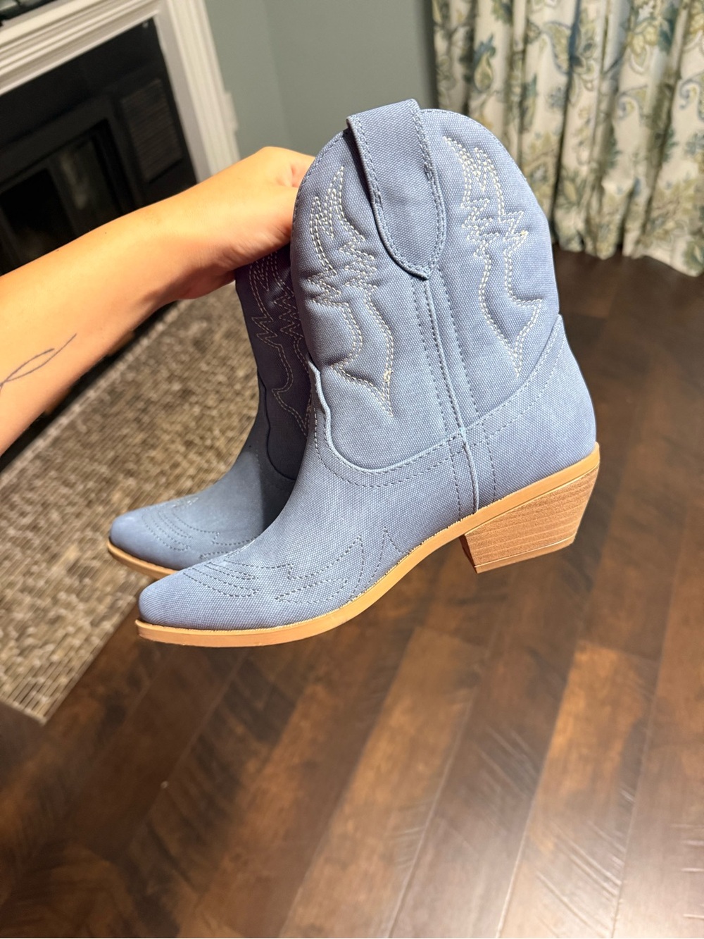 Light Blue Western Ankle Booties with Stacked Heel
